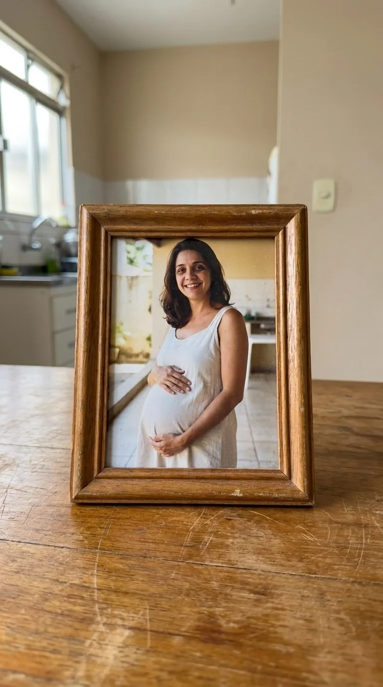 Retrato da mãe do Leonardo, grávida, em um porta-retrato sobre a mesa da cozinha
